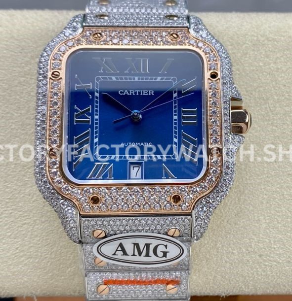 AMG Factory Cartier Santos 40mm full diamond rose gold blue dial