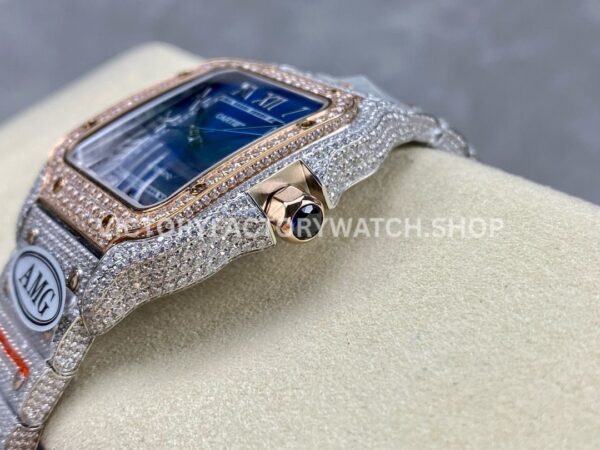 AMG Factory Cartier Santos 40mm Full Diamond Rose Gold Diamond Steel Roman Number Blue Dial