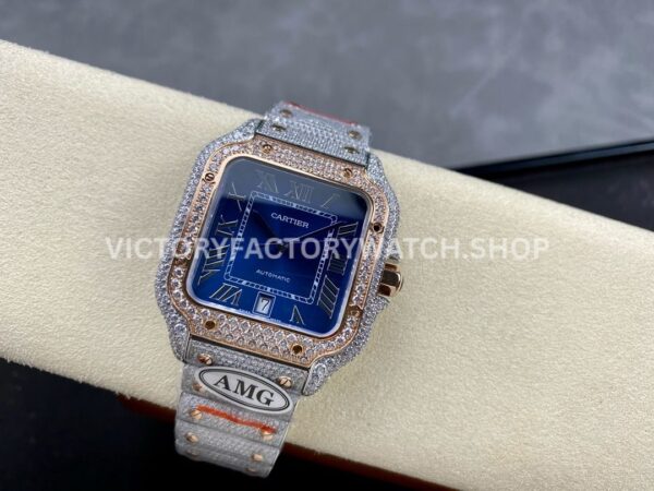 AMG Factory Cartier Santos 40mm Full Diamond Rose Gold Diamond Steel Roman Number Blue Dial