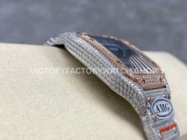 AMG Factory Cartier Santos 40mm Full Diamond Rose Gold Diamond Steel Roman Number Blue Dial