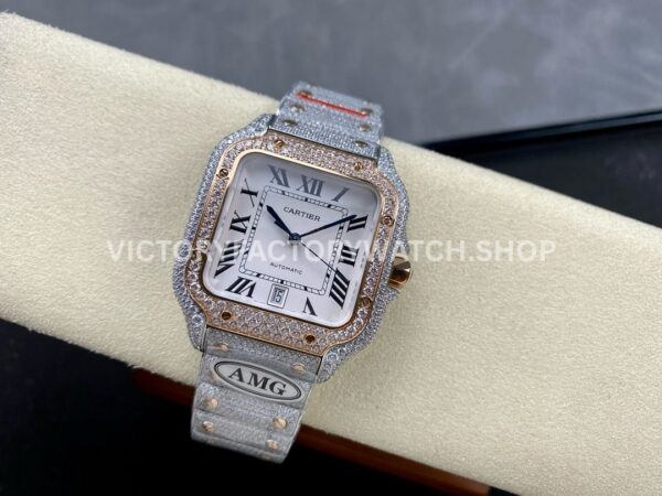 AMG Factory Cartier Santos 40mm Full Diamond Rose Gold Diamond Steel Roman Number White Dial