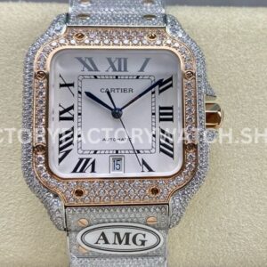 AMG Factory Cartier Santos 40mm Full Diamond Rose Gold Diamond Steel Roman Number White Dial (5) AMG Factory Cartier Santos 40mm full diamond rose gold white dial