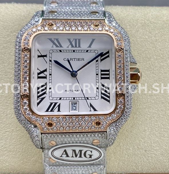 AMG Factory Cartier Santos 40mm full diamond rose gold white dial