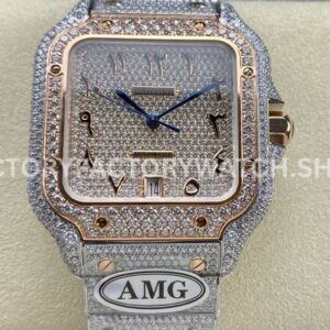 AMG Factory Cartier Santos 40mm Full Diamond Rose Gold Diamond Steel Rose Gold Arabic Number Diamond Dia (1) AMG Factory Cartier Santos 40mm full diamond rose gold Arabic diamond dial
