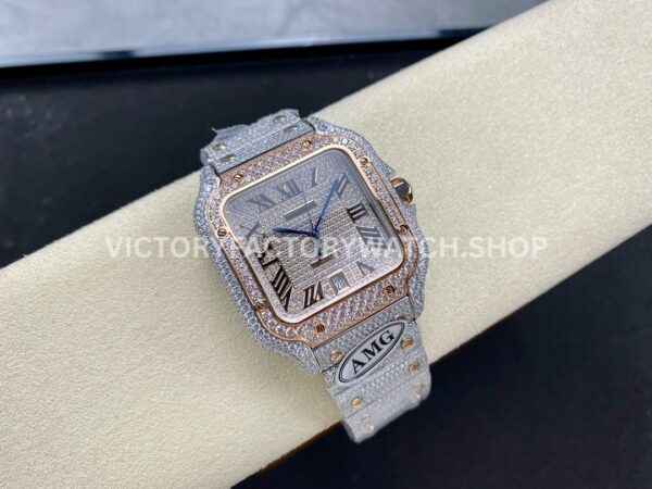 AMG Factory Cartier Santos 40mm Full Diamond Rose Gold Diamond Steel Rose Gold Roman Number Diamond Dial (1 AMG Factory Cartier Santos 40mm Full Diamond Rose Gold Diamond Steel Rose Gold Roman Number Diamond Dial