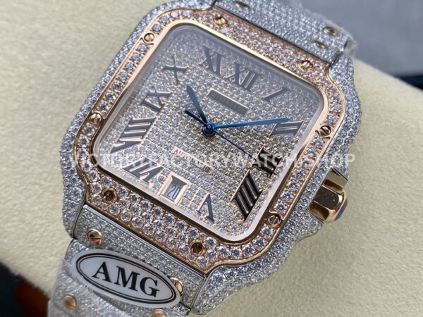AMG Factory Cartier Santos 40mm Full Diamond Rose Gold Diamond Steel Rose Gold Roman Number Diamond Dial (1 (4) AMG Factory Cartier Santos 40mm Full Diamond Rose Gold Diamond Steel Rose Gold Roman Number Diamond Dial