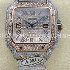 AMG Factory Cartier Santos 40mm Full Diamond Rose Gold Diamond Steel Rose Gold Roman Number Diamond Dial (1 (5) AMG Factory Cartier Santos 40mm full diamond rose gold diamond dial