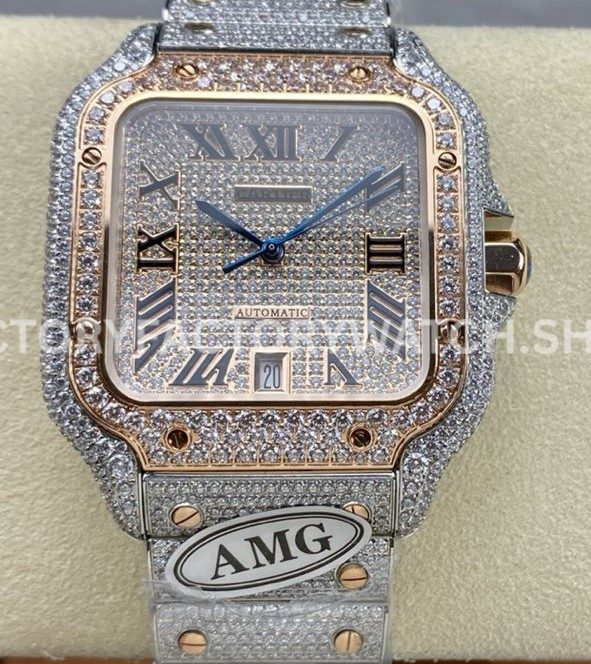 AMG Factory Cartier Santos 40mm Full Diamond Rose Gold Diamond Steel Rose Gold Roman Number Diamond Dial (1 (5) AMG Factory Cartier Santos 40mm full diamond rose gold diamond dial