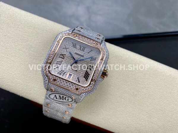 AMG Factory Cartier Santos 40mm Full Diamond Rose Gold Diamond Steel Rose Gold Roman Number Diamond Dial (1) AMG Factory Cartier Santos 40mm Full Diamond Rose Gold Diamond Steel Rose Gold Roman Number Diamond Dial