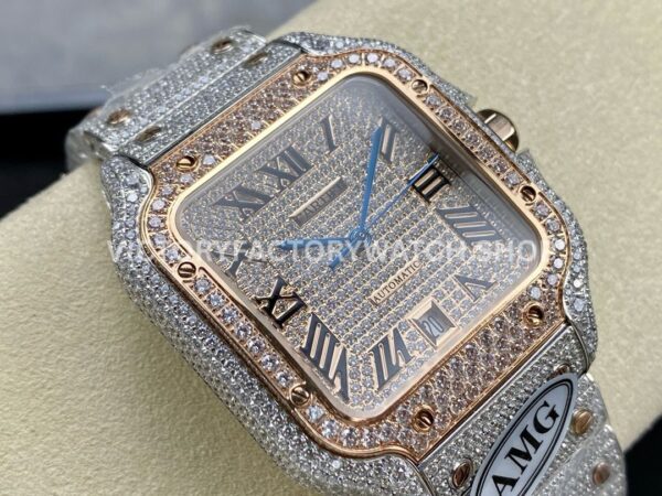 AMG Factory Cartier Santos 40mm Full Diamond Rose Gold Diamond Steel Rose Gold Roman Number Diamond Dial (1 (7) AMG Factory Cartier Santos 40mm Full Diamond Rose Gold Diamond Steel Rose Gold Roman Number Diamond Dial