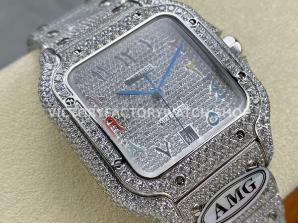 AMG Factory Cartier Santos 40mm Full Diamond Steel Color Arabic Number Diamond Dial