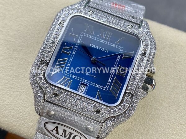 AMG Factory Cartier Santos 40mm Full Diamond Steel Roman Number Blue Dial (1) AMG Factory Cartier Santos 40mm Full Diamond Steel Roman Number Blue Dial
