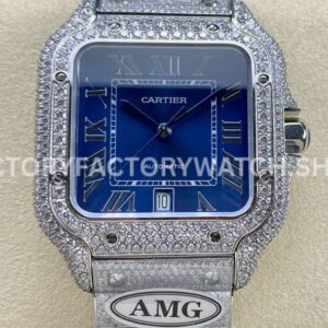AMG Factory Cartier Santos 40mm Full Diamond Steel Roman Number Blue Dial (4) AMG Factory Cartier Santos 40mm full diamond steel blue dial