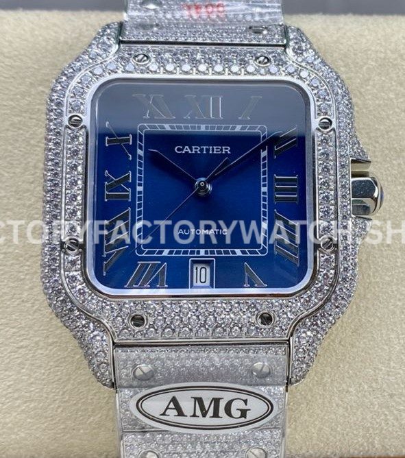 AMG Factory Cartier Santos 40mm Full Diamond Steel Roman Number Blue Dial (4) AMG Factory Cartier Santos 40mm full diamond steel blue dial