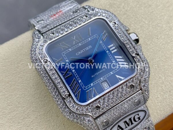 AMG Factory Cartier Santos 40mm Full Diamond Steel Roman Number Blue Dial (5) AMG Factory Cartier Santos 40mm Full Diamond Steel Roman Number Blue Dial