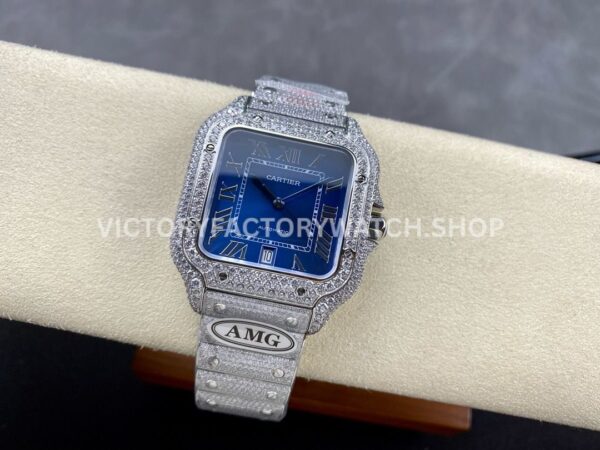 AMG Factory Cartier Santos 40mm Full Diamond Steel Roman Number Blue Dial (8) AMG Factory Cartier Santos 40mm Full Diamond Steel Roman Number Blue Dial