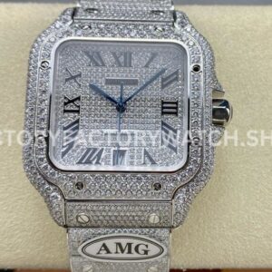 AMG Factory Cartier Santos 40mm Full Diamond Steel Roman Number Diamond Dial (3) AMG Factory Cartier Santos 40mm full diamond diamond dial