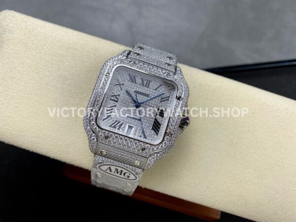 AMG Factory Cartier Santos 40mm Full Diamond Steel Roman Number Diamond Dial (4) AMG Factory Cartier Santos 40mm Full Diamond Steel Roman Number Diamond Dial