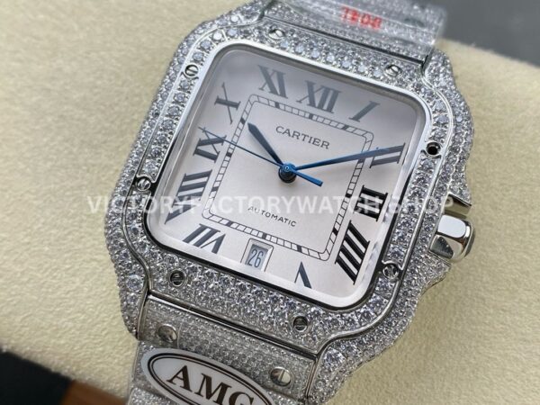 AMG Factory Cartier Santos 40mm Full Diamond Steel Roman Number White Dial