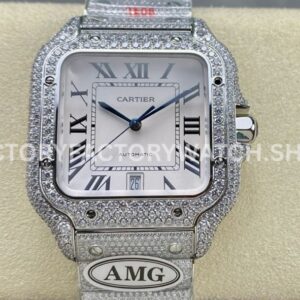 AMG Factory Cartier Santos 40mm Full Diamond Steel Roman Number White Dial (8) AMG Factory Cartier Santos 40mm full diamond steel white dial