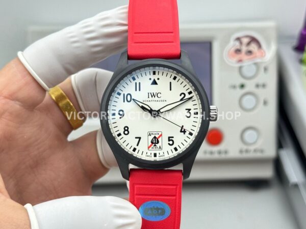 AOF Factory IWC Pilot Black Aces IW326905 41mm Black Ceramic Red Rubber Strap White Dial (5) AOF Factory IWC Pilot Black Aces IW326905 41mm red strap replica watch