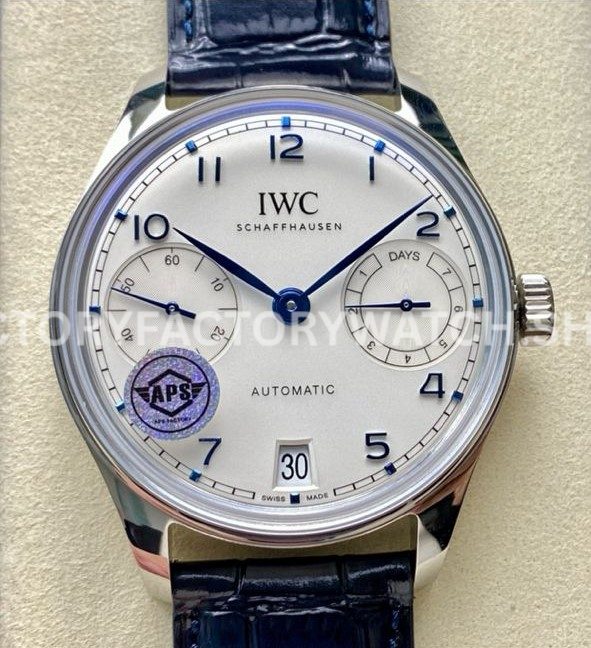 APS Factory IWC Portuguese IW501702 42mm Steel Leather Strap Blue Arabic numerals Silver Dial (2) APS Factory IWC Portuguese IW501702 42mm silver dial blue numerals replica watch