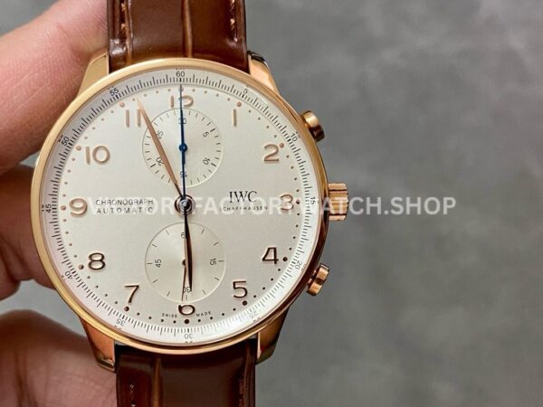 AZ Factory IWC Portuguese Chronograph IW371402 41mm Rose Gold Brown Leather Strap Arabic Numerals White Dial (3) AZ Factory IWC Portuguese Chronograph IW371402 41mm rose gold white dial replica watch