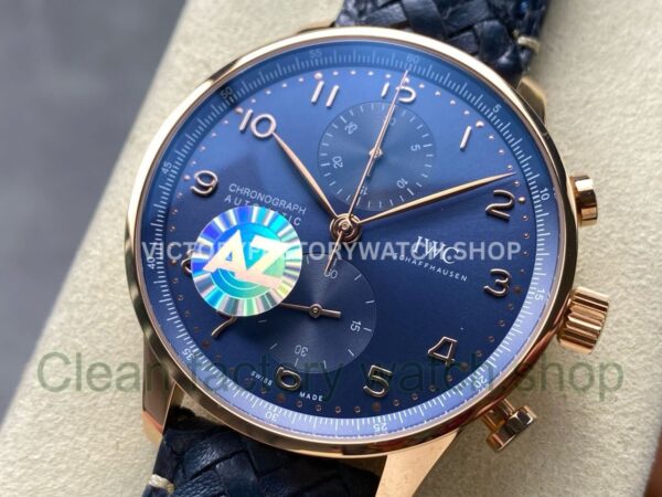 AZ Factory IWC Portuguese Chronograph IW371614 41mm Rose Gold Blue Leather Strap Arabic Numerals Blue Dial (4) AZ Factory IWC Portuguese Chronograph IW371614 41mm Rose Gold Blue Leather Strap Arabic Numerals Blue Dial
