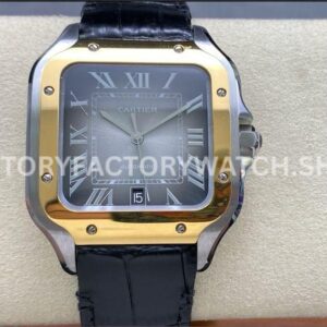 BV Factory Cartier Santos W2SA0030 39.8mm Yellow Gold Bezel Leather Strap Roman Numerals Grey Dial (1) BV Factory Cartier Santos W2SA0030 grey dial leather strap