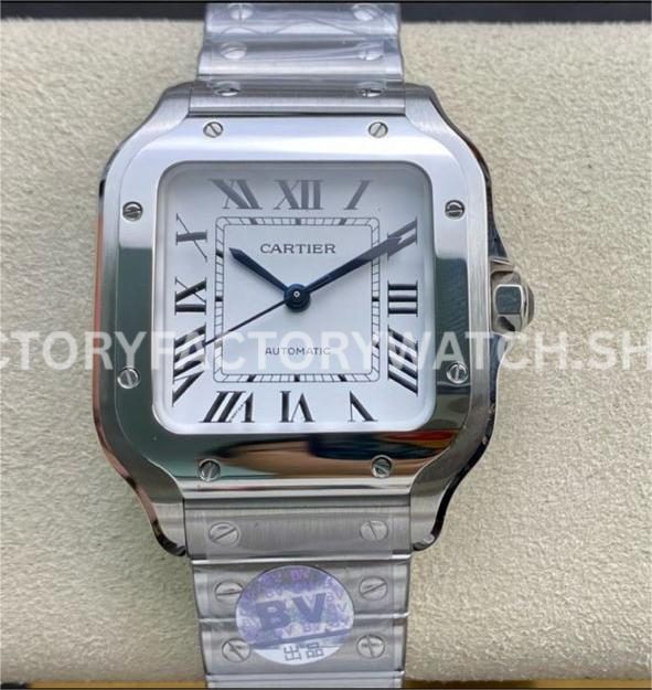BV Factory Cartier Santos WSSA0029 35.1mm Full Steel Roman Numerals White Dial (2) BV Factory Cartier Santos WSSA0029 white dial full steel