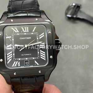 BV Factory Cartier Santos WSSA0039 39.8mm Full Black Steel Roman Numerals Black Dial (8) BV Factory Cartier Santos WSSA0039 black dial leather strap