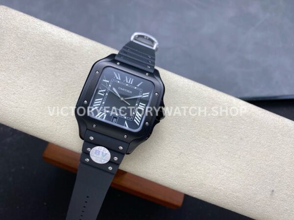 BV Factory Cartier Santos WSSA0039 39.8mm Steel Rubber Strap Roman Numerals Black Dial (4) BV Factory Cartier Santos WSSA0039 39.8mm Black Steel Rubber Strap Roman Numerals Black Dial