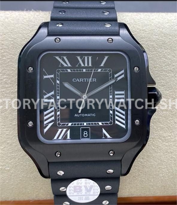 BV Factory Cartier Santos WSSA0039 39.8mm Steel Rubber Strap Roman Numerals Black Dial (8) BV Factory Cartier Santos WSSA0039 black dial rubber strap