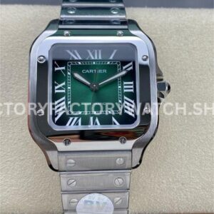 BV Factory Cartier Santos WSSA0061 35.1mm Full Steel Roman Numerals Green Dial (2) BV Factory Cartier Santos WSSA0061 green dial full steel