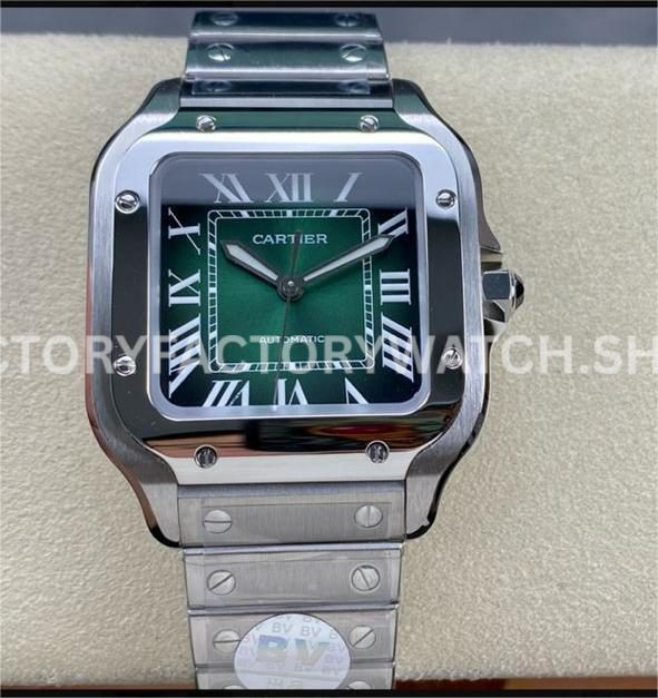 BV Factory Cartier Santos WSSA0061 35.1mm Full Steel Roman Numerals Green Dial (2) BV Factory Cartier Santos WSSA0061 green dial full steel