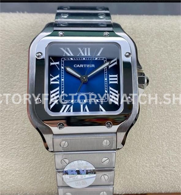 BV Factory Cartier Santos WSSA0063 35.1mm Full Steel Roman Numerals Blue Dial (1) BV Factory Cartier Santos WSSA0063 blue dial full steel