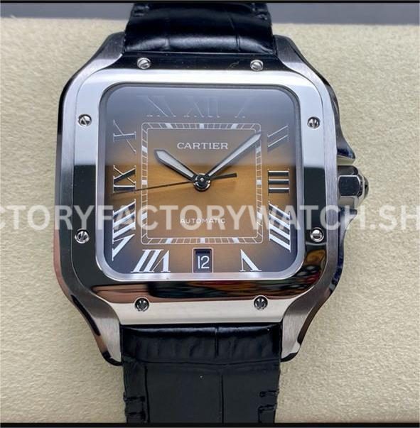 BV Factory Cartier Santos WSSA0064 39.8mm Steel Leather Strap Roman Numerals Brown Dial (9) BV Factory Cartier Santos WSSA0064 brown dial leather strap