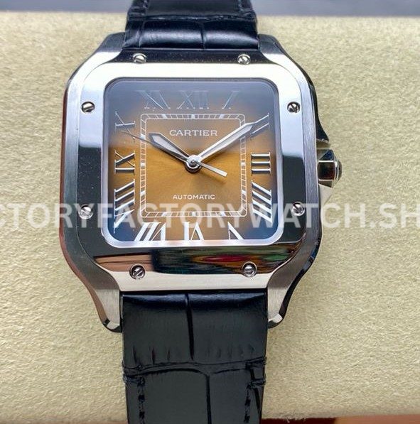 BV Factory Cartier Santos WSSA0065 35.1mm Steel Leather Strap Roman Numerals Brown Dial (9) BV Factory Cartier Santos WSSA0065 brown dial leather strap