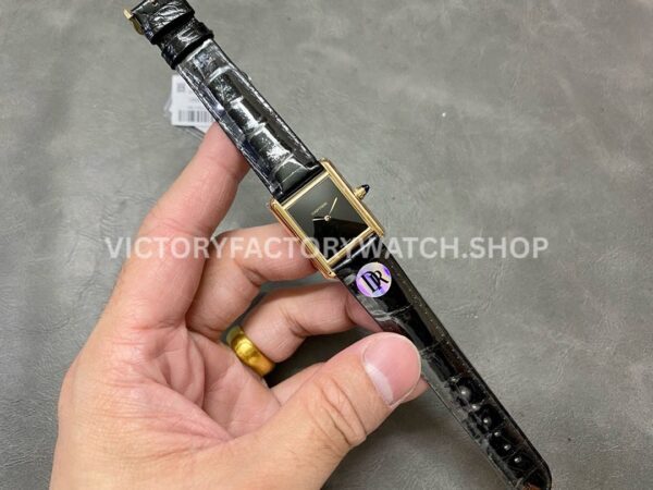 DR Factory Cartier Tank Louis WGTA0091 25.5mm Rose Gold Black Leather Strap Black Dial