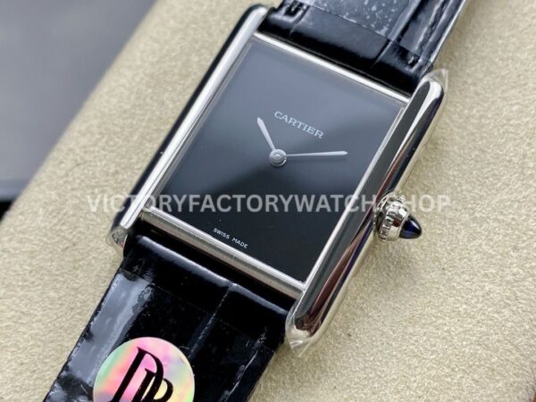 DR Factory Cartier Tank Louis WSTA0071 22mm Steel Black Leather Strap Black Dial