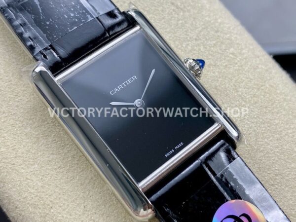 DR Factory Cartier Tank Louis WSTA0071 22mm Steel Black Leather Strap Black Dial
