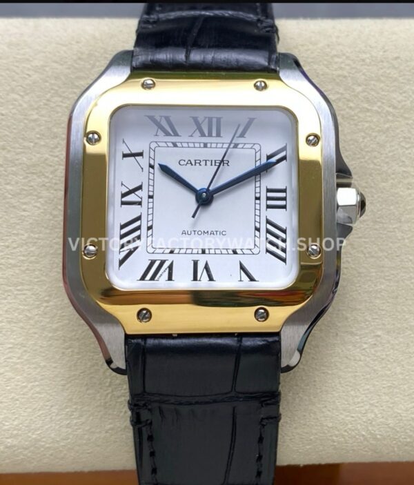 J12 Factory Cartier Santos W2SA0016 35.1mm Black Leather Strap Yellow Gold Bezel Roman Numerals Silver Dial (1) J12 Factory Cartier Santos W2SA0016 black leather silver dial