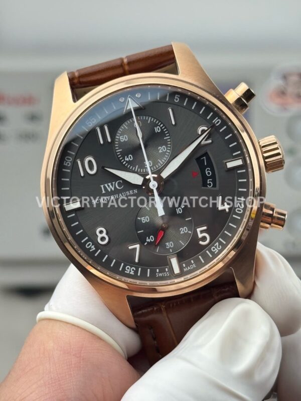 TWS Factory IWC Pilot Chronograph Spitfire IW387803 43mm Rose Gold Brown Leather Strap Arabic Numerals Grey Dial (4) TWS Factory IWC Pilot Chronograph Spitfire IW387803 43mm Rose Gold Brown Leather Strap Arabic Numerals Grey Dial
