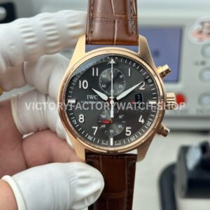 TWS Factory IWC Pilot Chronograph Spitfire IW387803 43mm Rose Gold Brown Leather Strap Arabic Numerals Grey Dial (5) TWS Factory IWC Spitfire IW387803 grey dial rose gold leather strap