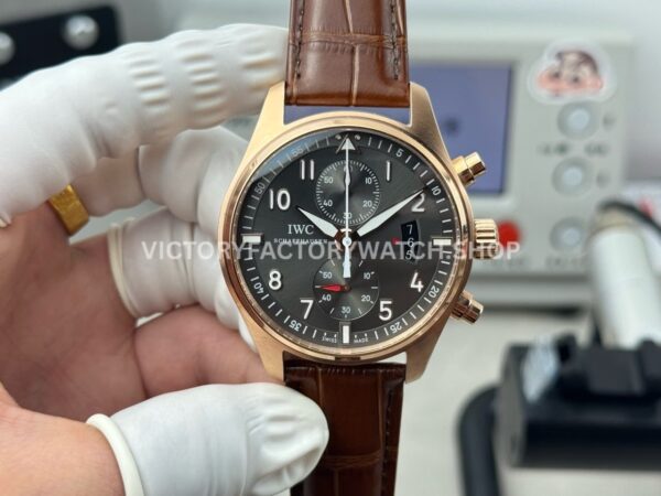 TWS Factory IWC Pilot Chronograph Spitfire IW387803 43mm Rose Gold Brown Leather Strap Arabic Numerals Grey Dial (5) TWS Factory IWC Spitfire IW387803 grey dial rose gold leather strap