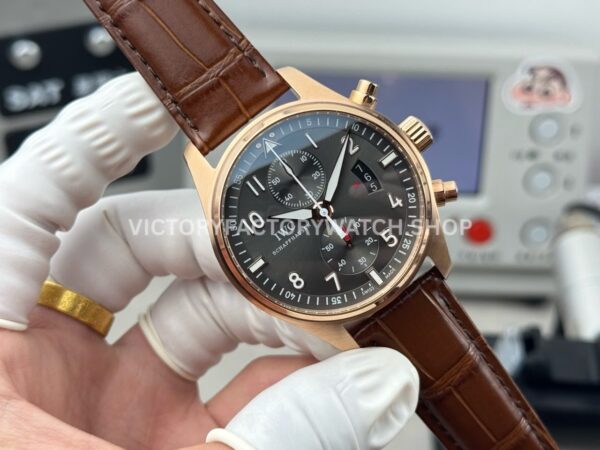 TWS Factory IWC Pilot Chronograph Spitfire IW387803 43mm Rose Gold Brown Leather Strap Arabic Numerals Grey Dial (6) TWS Factory IWC Pilot Chronograph Spitfire IW387803 43mm Rose Gold Brown Leather Strap Arabic Numerals Grey Dial
