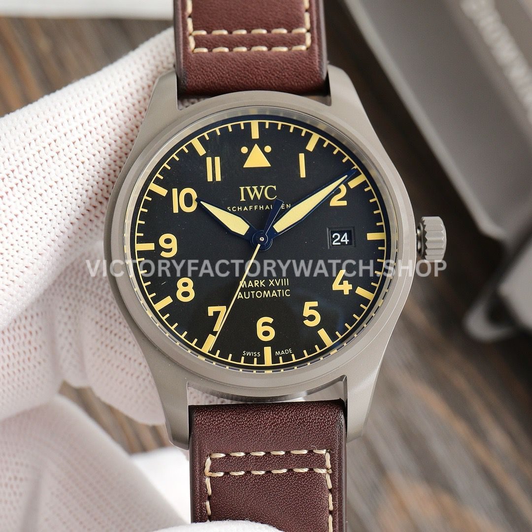 V7 Factory IWC Pilot Mark XVIII IW327006 titanium black dial leather strap