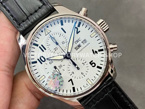 ZF Factory IWC Pilot Chronograph IW377725 43mm Steel Leather Strap White Arabic Numerals Dial (7) ZF Factory IWC Pilot Chronograph IW377725 43mm Steel Black Leather Strap Arabic Numerals White Dial