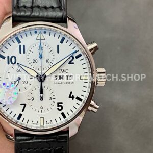 ZF Factory IWC Pilot Chronograph IW377725 43mm Steel Leather Strap White Arabic Numerals Dial (9) ZF Factory IWC Pilot Chronograph IW377725 white dial black leather strap