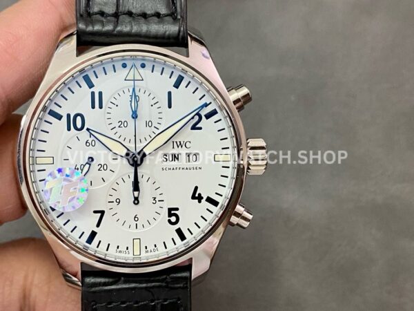 ZF Factory IWC Pilot Chronograph IW377725 43mm Steel Leather Strap White Arabic Numerals Dial (9) ZF Factory IWC Pilot Chronograph IW377725 white dial black leather strap